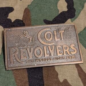 Vintage COLT Revolvers Belt Buckle "Worlds Right Arm" Cast Relief Lewis Chicago